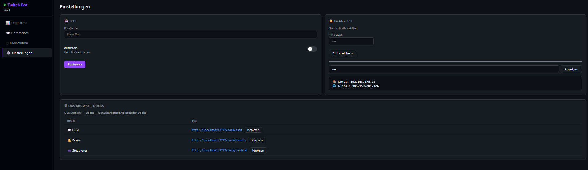 Einstellungen — Bot-Config, OBS-Docks, IP-Anzeige